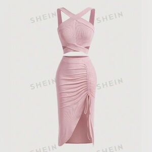 SHEIN MOD Crisscross Crop Top & Drawstring Split Thigh Skirt in Baby Pink 🎀